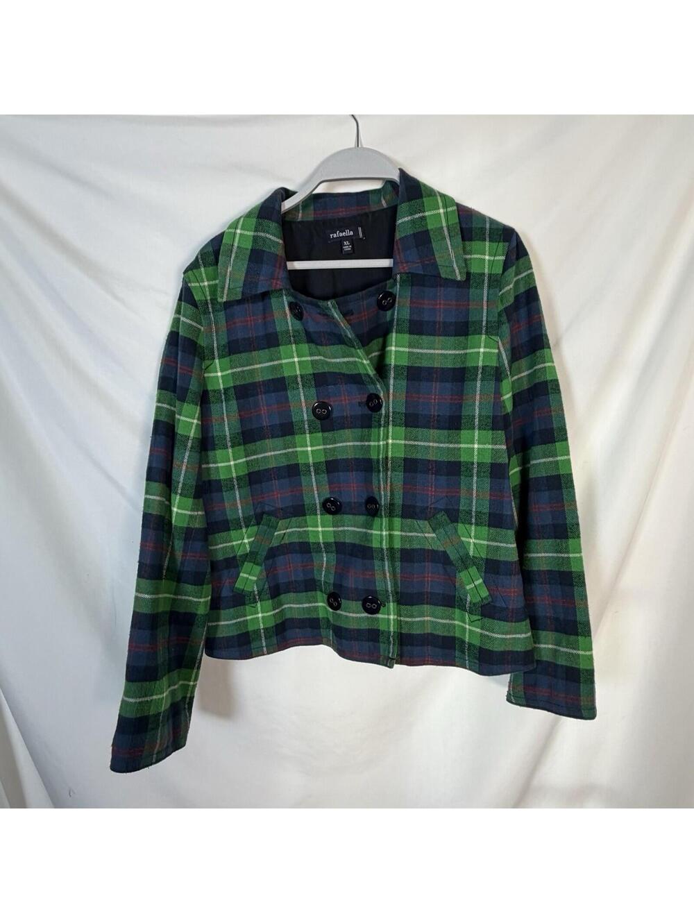 Raffaella Women’s Plaid Short Pea Coat Jacket Green Blue Tartan Plaid Sz XL